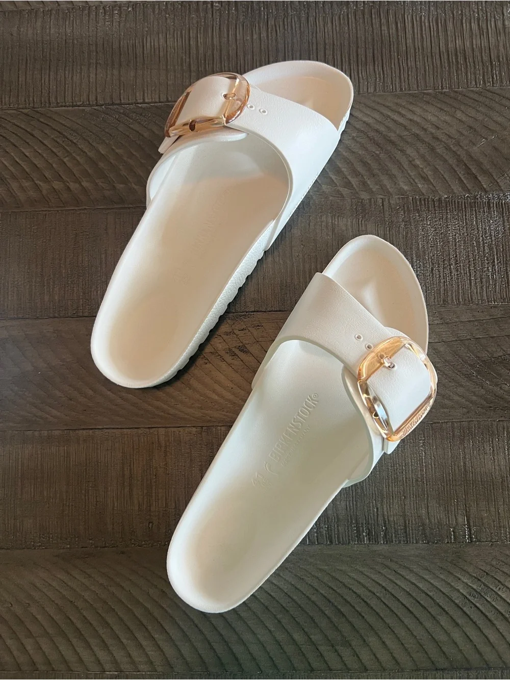 Birkenstock Women's White Madrid EVA Slide with Gold Buckle Size 41 (W) 10-10.5.